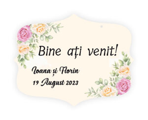  Creează o atmosferă deosebită în ziua nunții tale cu această Plăcuță Bine ați venit personalizată! Adaugă numele mirilor și data evenimentului pentru a transforma intrarea într-un loc special. Comandă acum și lasă o primă impresie memorabilă pentru o zi de vis!